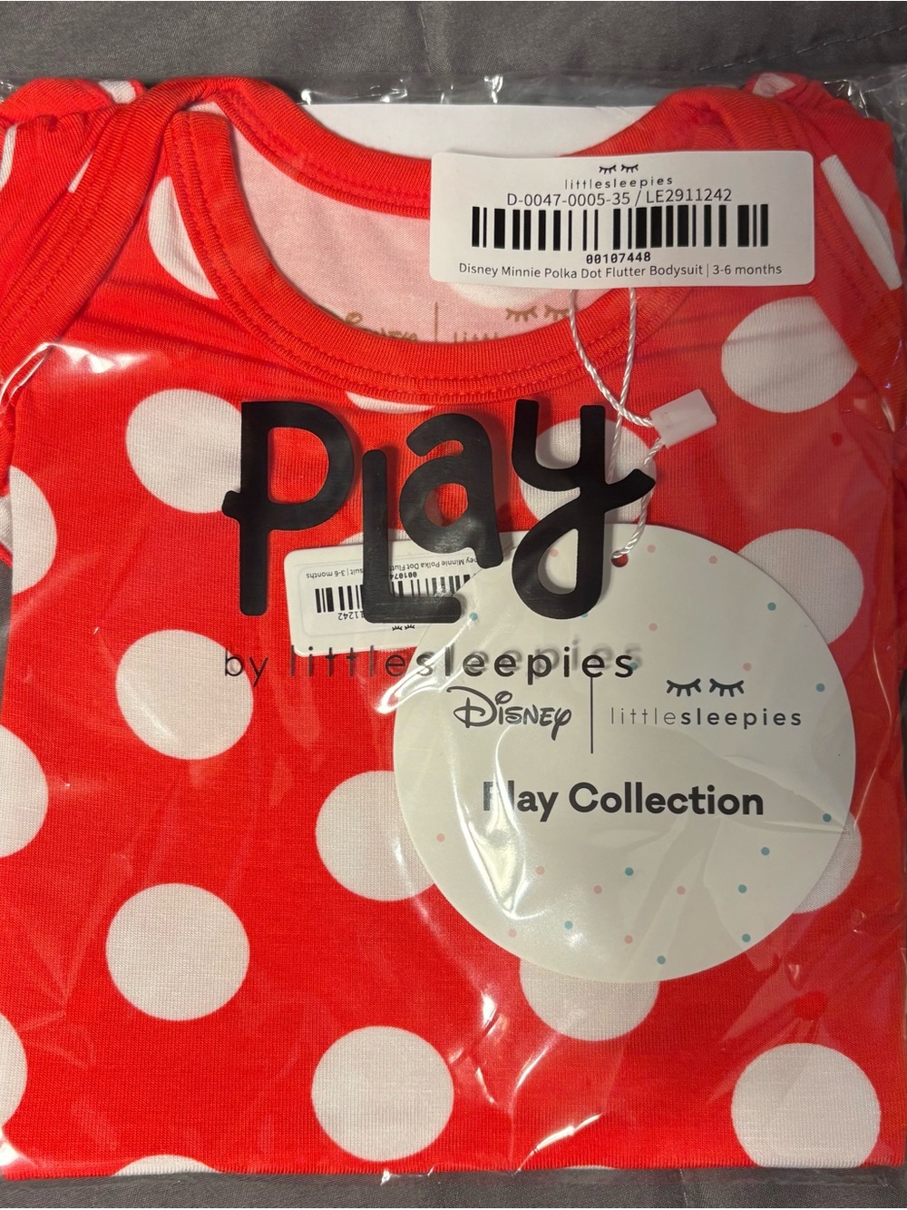 NIB little Sleepies Disney Red & White Minnie Polka Dot Baby Bodysuit 3-6m